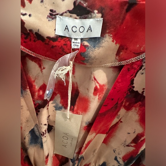 ACOA red & tan holiday dinner date cropped tie long sleeve blouse sexy NWT M - Picture 15 of 15